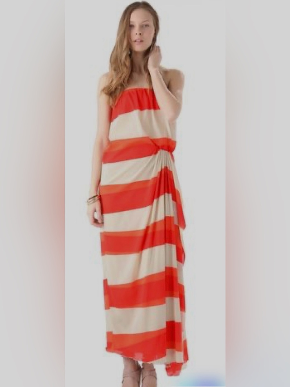 Alice + Olivia “ EVIE” Strapless Orange and Cream Silk Striped Maxi Gown  Size 6